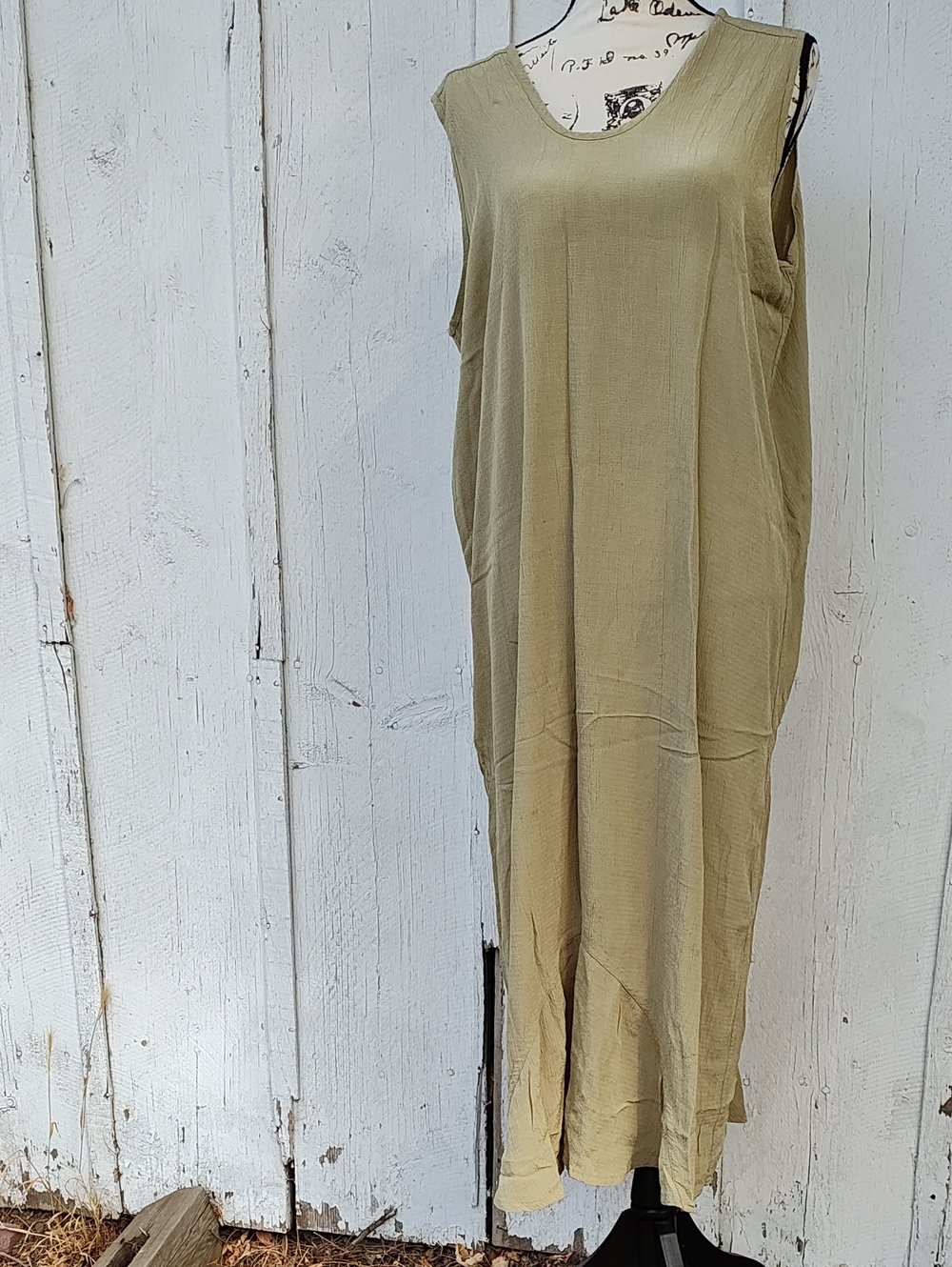 Flax Olive Green Sleeveless Maxi Dress 100% Rayon Boho Crunchy Cottagecore